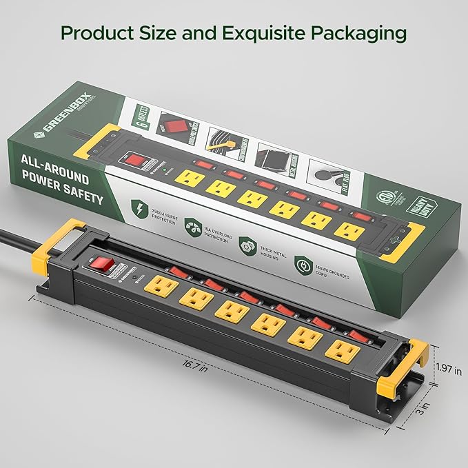 6 Outlet Heavy Duty Metal Power Strip with Individual Switches,3300J Surge Protector Mountable Power Strip,6FT Cord Management,Recessed Wide-Spaced,ETL Listed(15A/1875W)