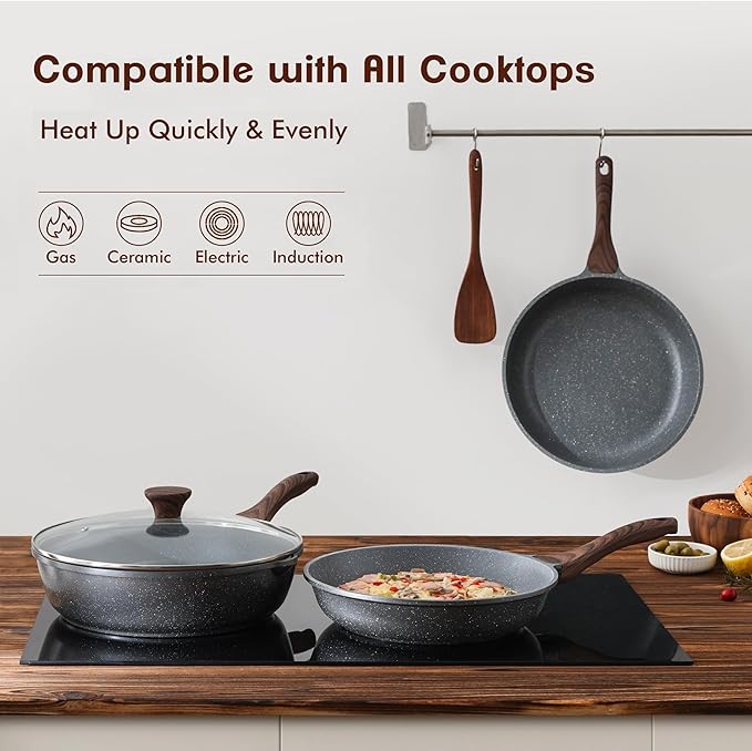 SENSARTE Swiss Granite Coating Nonstick Frying Pans, Grey(10+12 Inch) | Swiss granite nonstick coating, healthy & durable.Compatible with all stoves including induction cooktops. Easy to clean.