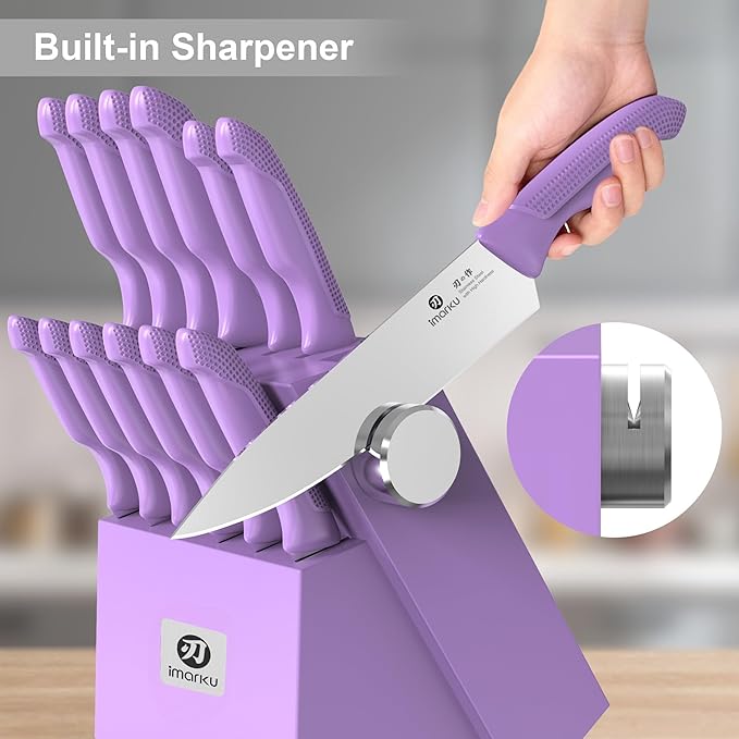imarku 14-Piece Knife Set with Block, High Carbon Stainless Steel Kitchen Knives with Built-in Sharpener, Ergonomic Non-Slip Handle, Perfect for Home Cooks & Chefs, Purple