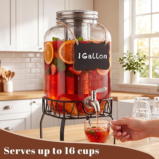1 Gallon Cold Brew Coffee Maker with Stand, Heavy Duty Glass Iced Coffee Maker & Beverage Dispenser, Thick Iced Tea Pitcher for Fridge with 304 Stainless Steel Filter, Spigot & Lid