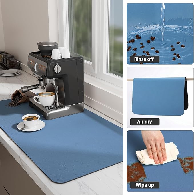 Ecotrim Absorbent Coffee Mat , Stain Hiding PU Leather Surface, Non-Slip Natural Rubber Backing, Quick Dry Mat for Espresso Machine, Kitchen Counter ,Blue | 17" x 31.5"