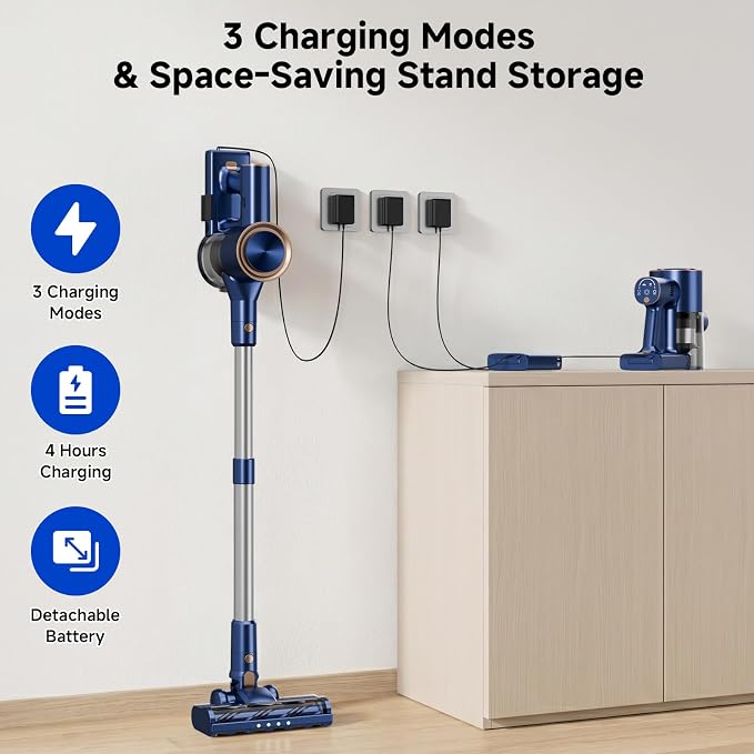 Cordless Stick Vacuum Cleaner - 40KPA Powerful Suction Vacuum with 45 Min Runtime, Detachable Battery, Anti-Tangle & 1.5L Dust Cup, 8 in 1 Vacuum Cleaner for Pet Hair, Carpet, HardFloor, Blue