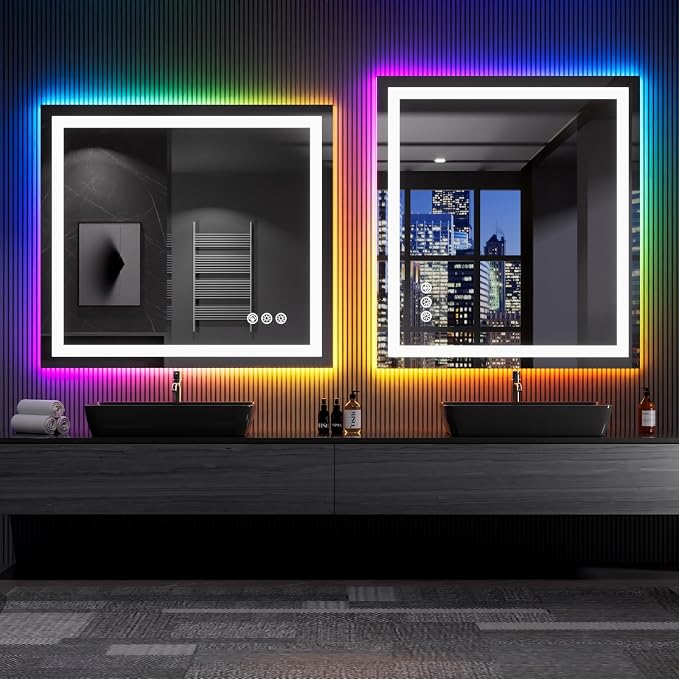 LOAAO 40"X36" RGB LED Bathroom Mirror with Lights, Anti-Fog, Dimmable, Lighted Bathroom Vanity Mirror, Multiple Light Modes, RGB Backlit + Front Light, Memory Function, Tempered Glass, ETL Listed