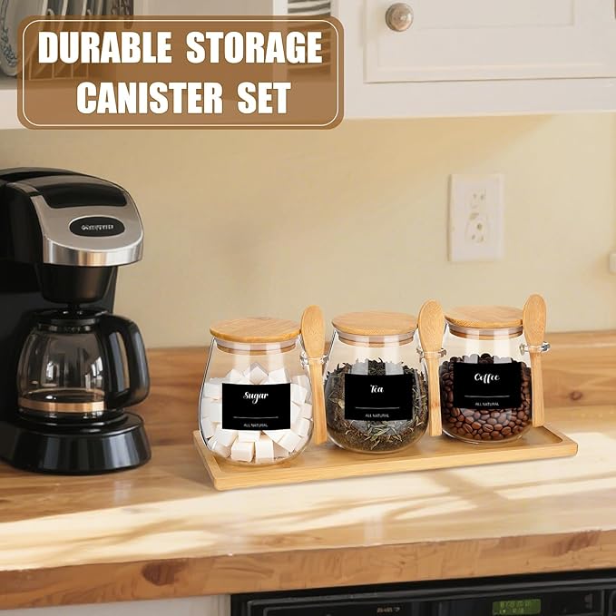 Suclain 3 Pcs Glass Coffee Container with Wooden Lid Spoon Tray Shelf Labels Clear Airtight Glass Jar Storage Container Set for Coffee Beans Tea Leaves Grains Dried Fruits Sugar Spice(28oz)
