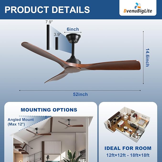 Ceiling Fan Without Light: 52 Inch Outdoor Fan for Patios - Walnut Ceiling Fan No Light Indoor - Modern 3 Blade Fan with Remote APP Control Reversible 6 Speed DC Motor