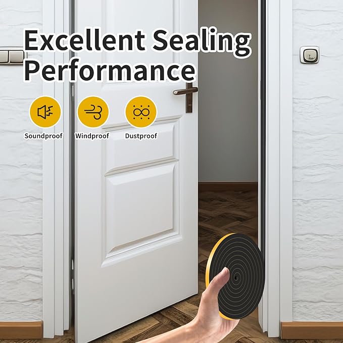 Weather Stripping Door Seal,Weather Stripping,Soundproof,Cold Insulation,High Density CR Foam Insulation Tape for Door, Front Door Frame, Windows,Sliding Door (Black, 3/8 in x 3/8 in x 33Ft)