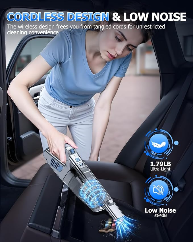 BQYPOWER Handheld Vacuum Cordless Rechargeable, Hand Held Car Vacuum | 16000PA Strong Suction Hand Vacuum Cordless Rechargeable with Multiple Accessories, Portable Car Vacuum Cleaner for Car Home