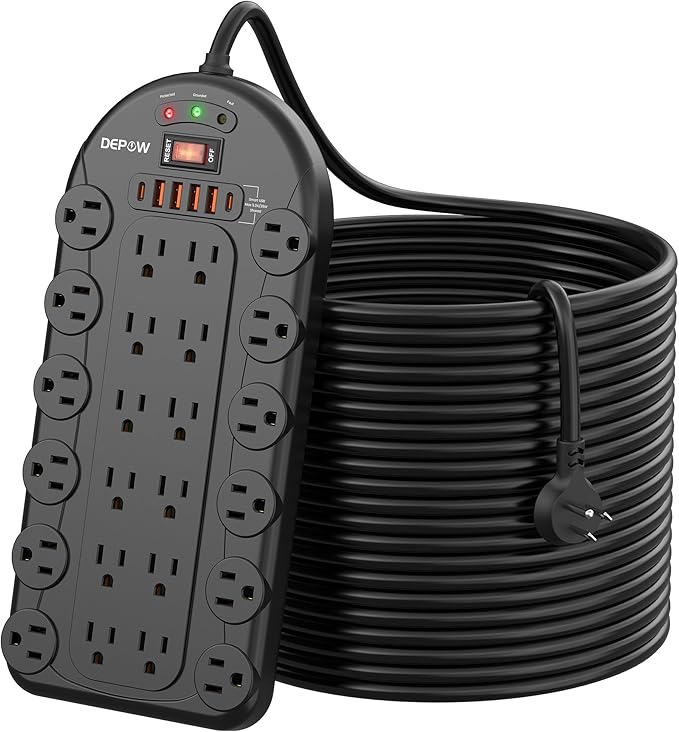 DEPOW 25 Ft Power Strip Surge Protector (3,400 Joules), DEPOW 24 AC Multiple Outlets (1875W/15A) with 6 USBs (2 USB-C Ports), ETL Listed, Heavy Duty Long Extension Cord for Home, Office, Black