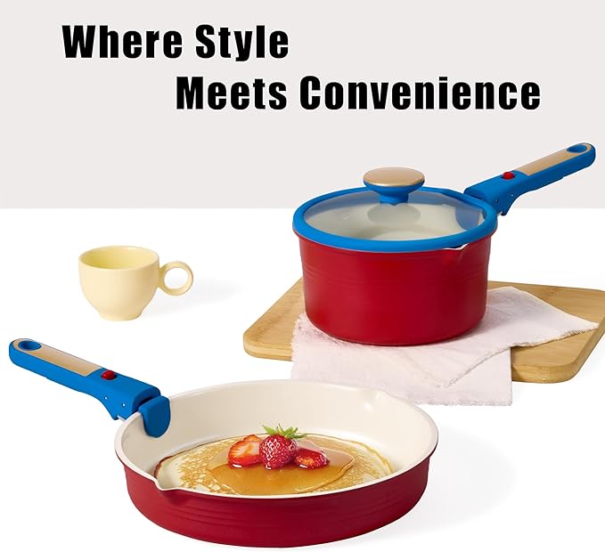 CAROTE 17Pcs Titanium Cookware Set, Pots and Pans Set Non Stick, Kitchen Cooking Set with Detachable Handle, Non Toxic Induction Cookware, Dishwasher/Oven Safe,Memphis Design