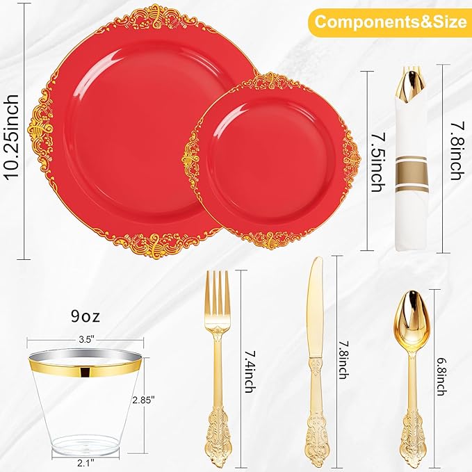 Nervure 350PCS Red Plastic Plates - Red Gold Plastic Dinnerware Sets for 50 Guests - 100 Gold Disposable Plates, 50 Pre Rolled Silverware Sets, 50 Cups Perfect for Wedding & Party & Mothers Day