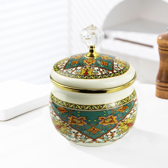 Floral Enamel Sugar Bowl Gold Ethnic Seasoning Jar Vintage Tea Canister Spice Box Retro Coffee Candy Storage Pot Bohemian Salt Container Jar for Home Kitchen Decor