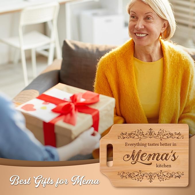 AceThrills Mema Gifts, Mema Mothers Day Gifts for Mema's Birthday - Engraved Bamboo Cutting Board 12.3"L × 8.7"W × 0.4"Th
