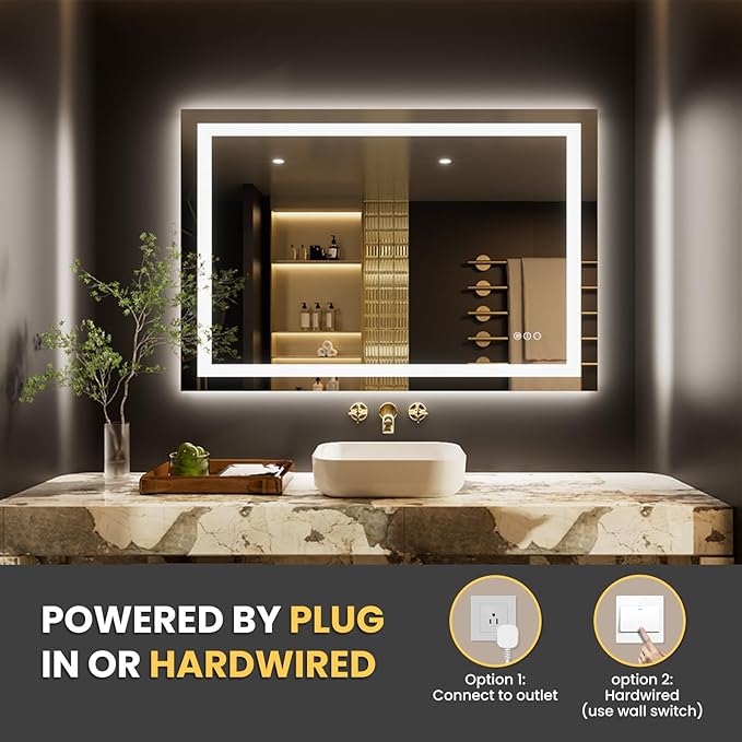 LOAAO 50"X34" LED Bathroom Mirror with Lights, Anti-Fog, Dimmable, Backlit + Front Lit, Lighted Bathroom Vanity Mirror for Wall, Memory Function, Tempered Glass, Safe to Use, ETL Listed