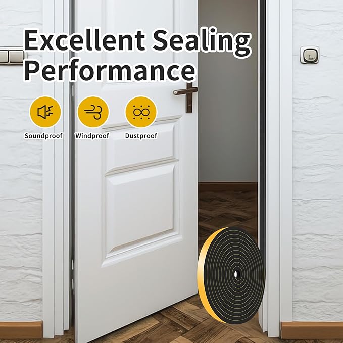 Weather Stripping Door Seal,Weather Stripping,Soundproof,Cold Insulation,High Density CR Foam Insulation Tape for Door, Front Door Frame, Windows,Sliding Door (Black, 1/2 in x 1/4 in x 52Ft)