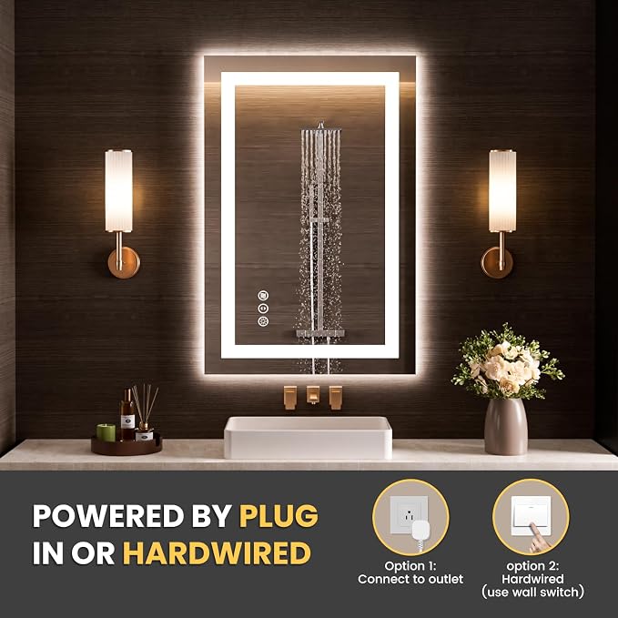 LOAAO 20"x34" LED Bathroom Mirror with Lights, Anti-Fog, Dimmable, Backlit + Front Lit, Lighted Bathroom Vanity Mirror for Wall, Memory Function, Tempered Glass, Safe to Use, ETL Listed