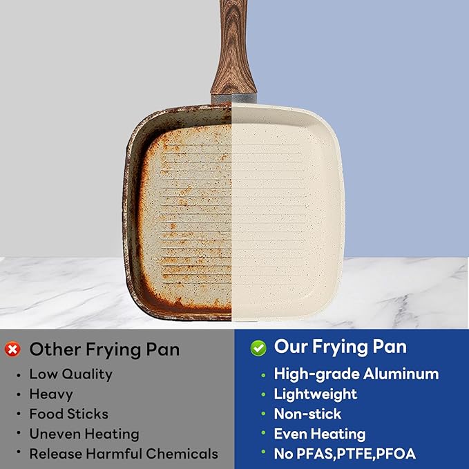 DUMOS 3 Pcs Grill Pans Set, Nonstick Square Frying Pan Skillet Set with Stay Cool Handle & PFOA Free, Compatible with All Stovetops (9.5" 10" 11") Beige