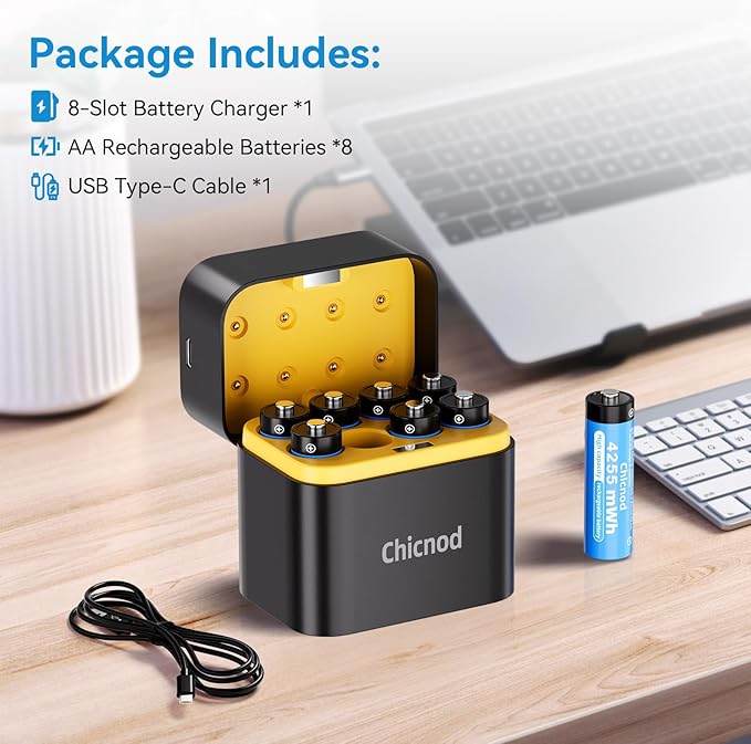Rechargeable AA Lithium Batteries with Fast USB-C Charger, 8-Pack 4255 mWh 1.5V Constant Voltage for Blink Outdoor Camera, Xbox Controller, Flashlights – 2000+ Cycles
