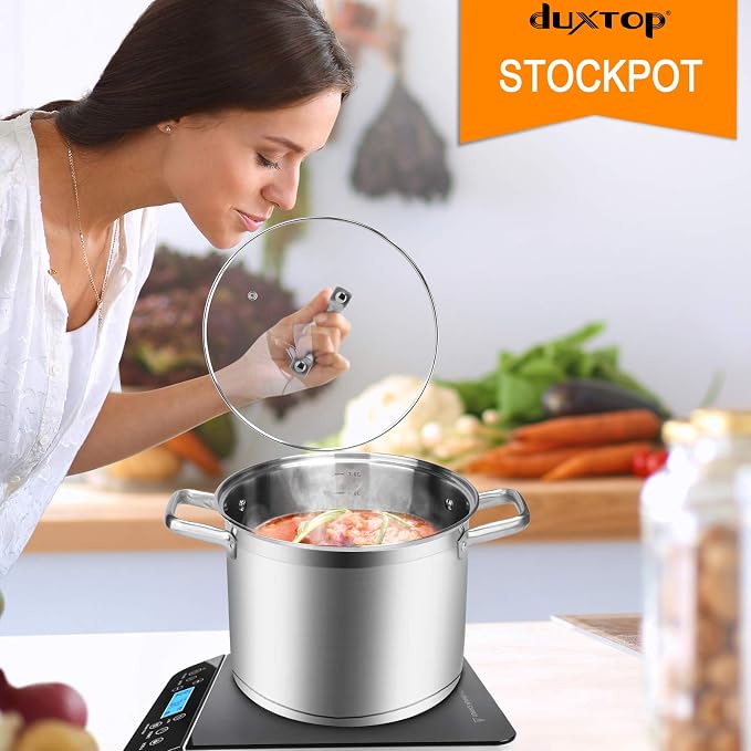 Duxtop Professional Stainless Steel Stock Pot with Glass Lid, Induction Cooking Pot, Impact-bonded Base Technology, 8.6 Quarts | Stockpot with Stay-Cool Handle, Large Batch Meals, Generous Capacity for Family Cooking Needs