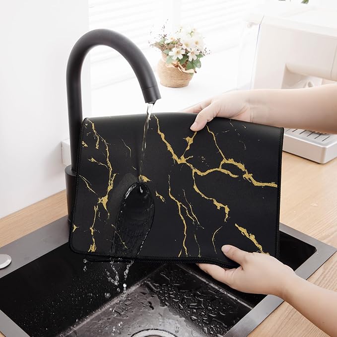 SHACOS Coffee Mat 2 Pack 12x19 Inch Absorbent Non Slip Rubber Bar Accessories Coffee Maker Mat for Countertop Dish Drying Mat Heat Resistant, Golden Marble