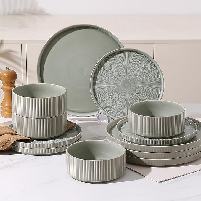 Dinnerware Sets for 4, Ceramic Plates and Bowls Set 12 Piece Dinnerware Chip Resistant Stoneware with Advanced Inkjet Printing Technology, Dishwasher and Microwave Safe-Sage Green