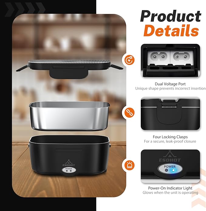 Heated Lunch Box,120W Electric Lunch Box for Adults with 1.5L 304 Stainless Steel Container, 12V/24V/110V Lonchera Eléctrica Portátil for Travel,Work,Car,Truck (Pure Black, 1.5L x 3)