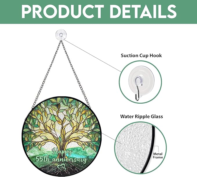 55th Emerald Wedding Anniversary Faux Stained Glass Suncatcher, Wedding Keepsake Ornament, for Parents, 55 Years of Marriage Gift