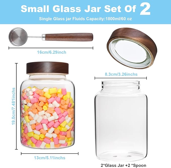 60 oz Glass Coffee Jars with Wooden Airtight Lid Spoon Clear Herb Ground Canister Round Food Storage Container for Sugar Pantry Flours Tea Coffee Bean Spice Cookies (1800ml/60oz-2PACK(with spoon))