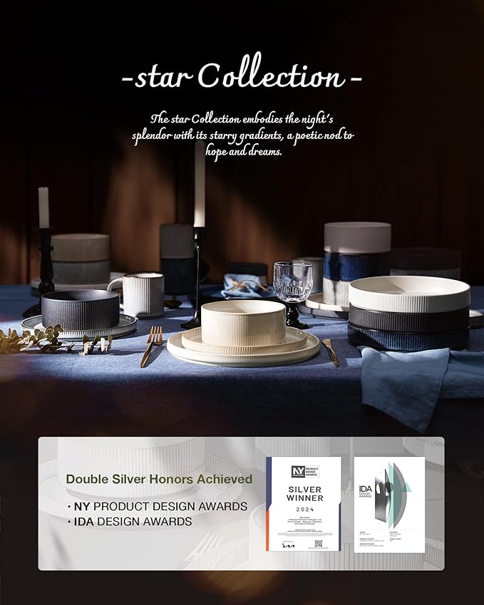Famiware Star 18-Piece Stoneware Plates and Bowls Sets, Service for 6, Ceramic Dinnerware with Trim, Modern Rustic Dishes for Everyday/Formal, Chip/Scratch Resistant, Microwave/Dishwasher Safe, White