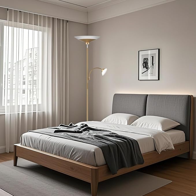 SIBRILLE Gold Torchiere Floor Lamp - 2 Way LED Standing Lamp with Reading Light, Dimmable 72'' Tall Lamp with Remote Color Changing, 34W Mordern Uplighter for Living Room Bedroom Office
