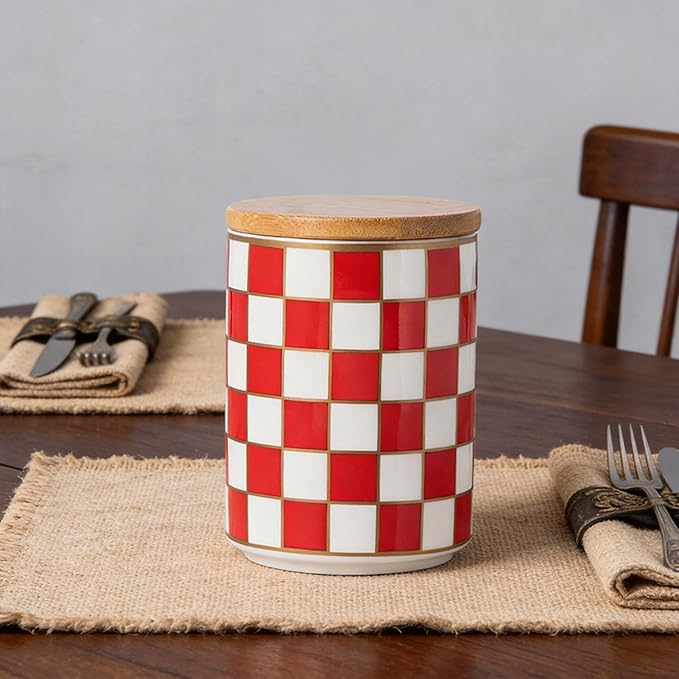 Kitchen Countertop Ceramic Checkered Canisters,Black And White Food Storage Containers With Lid,Airtight Kitchen Canisters for Flour, Sugar, Coffee, Tea, and Dry Goods (Red, Small)