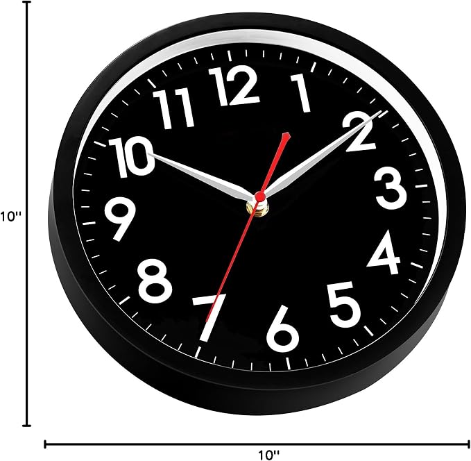 AKCISOT 10 Inch Wall Clock, Battery Operated Analog Clock, Silent Non-Ticking, Ideal for Bedroom, Bathroom, Kitchen, Office and School, Black