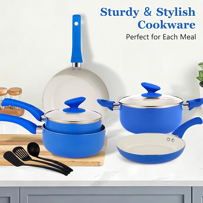 12-Piece Pots and Pans Set Nonstick, Ceramic Cookware Set with Stay-Cool Bakelite Handles, Non-Toxic Induction Cooking Set, Cobalt Blue Kitchen Essentials, PFOA & PTFE Free