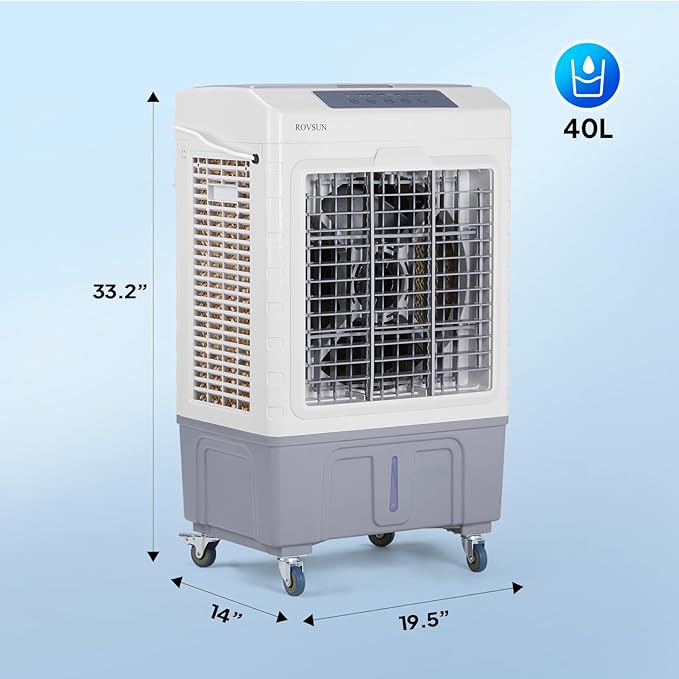 ROVSUN 10.5Gallon Evaporative Air Cooler, 2600CFM Portable Swamp Cooler with Remote Control, Oscillation, 3 Speeds, 7.5H Timer & 40L Water Tank, 3-IN-1 Cooling Fan for Home Office Garage Outdoor