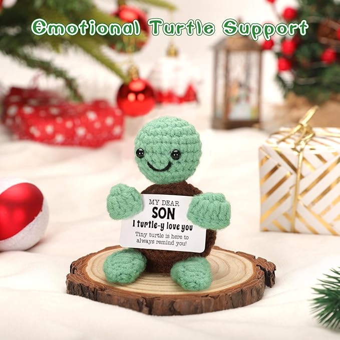 Mini Funny Turtle Son Gifts from Mom Dad, Fathers Day Birthday Gifts for Kids Teens Adults Son in Law Bonus Step, I Love You Presents Small Cute Stuff Things,Handmade Emotional Positive Crochet Turtle