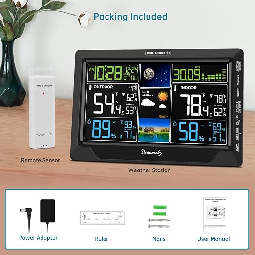 DreamSky Weather Station Indoor Outdoor Thermometer Wireless, Atomic Clock | Digital Large Colorful Display with Brightness Dimmer, Inside Outside Temperature Humidity Monitor for Home (Plug-in)