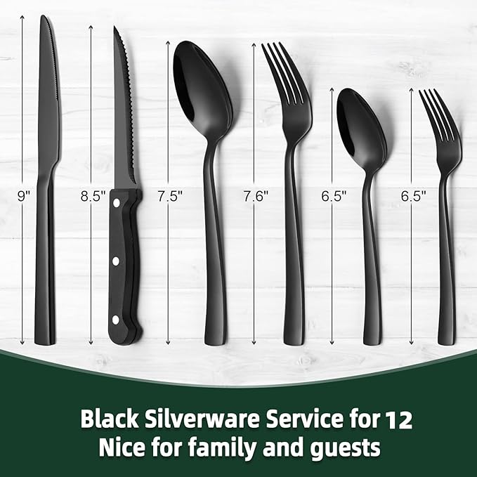 CEKEE 72-Piece Black Silverware Set with Steak Knives, Stainless Steel Flatware Set for 12, Tableware Cutlery Set, Kitchen Utensils Set for Home & Restaurant, Heavy Duty & Mirror Finished
