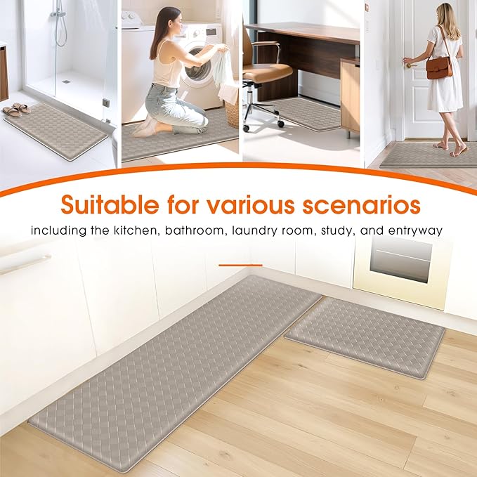 TranquilRelax Kitchen Mats, 2PCS Kitchen Rugs, Cushioned Anti Fatigue Kitchen Mats for Floor, Non-Slip Standing Desk Mat, Waterproof Kitchen Rug Set for Kitchen Floor Office,17.3"×30"+17.3"×59" Brown