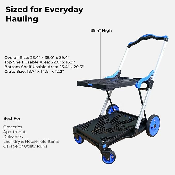 Collapsible Shopping Cart with Wheels, 2-Tier Foldable Grocery Cart with 2 Stackable Storage Crates, Foot Brake, Lower Platform, Aluminum Frame