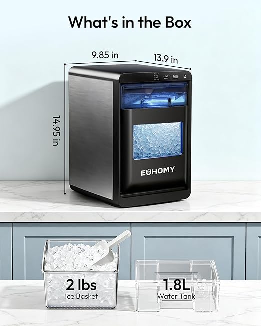 EUHOMY Nugget Ice Maker Countertop, 44Lbs/24H Sonic Ice Maker Machine, Self-Cleaning Pellet Ice Makers with Ice Scoop&Basket, Countertop Pebble Ice Maker for Home/Kitchen/Office