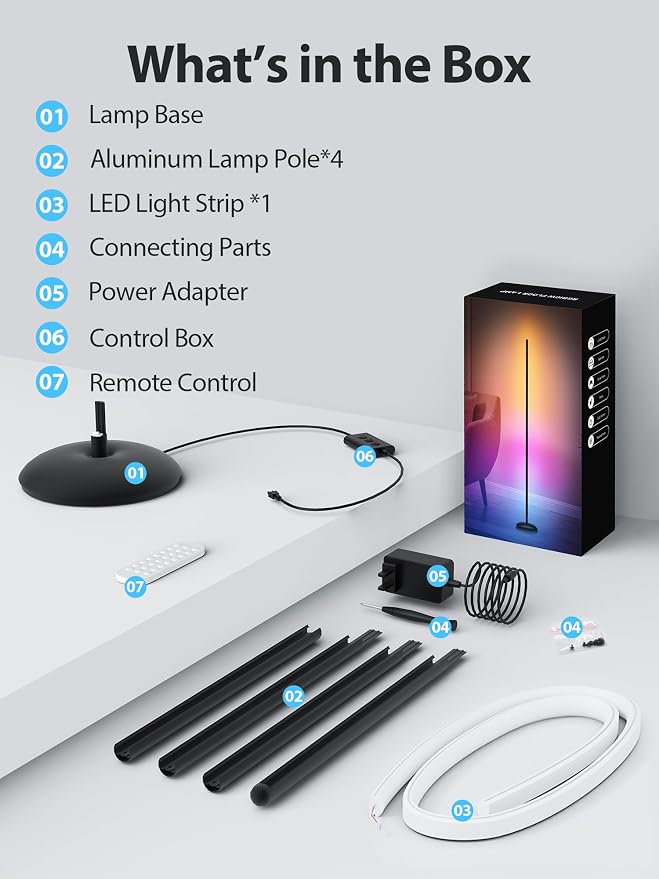 LED Corner Floor Lamp, RGB LED Corner Lamp with App & Remote, Smart Floor Lamp with 16 Million Colors, Music Sync, Scene Modes, Color Changing Standing Lamps for Living Room, Bedroom