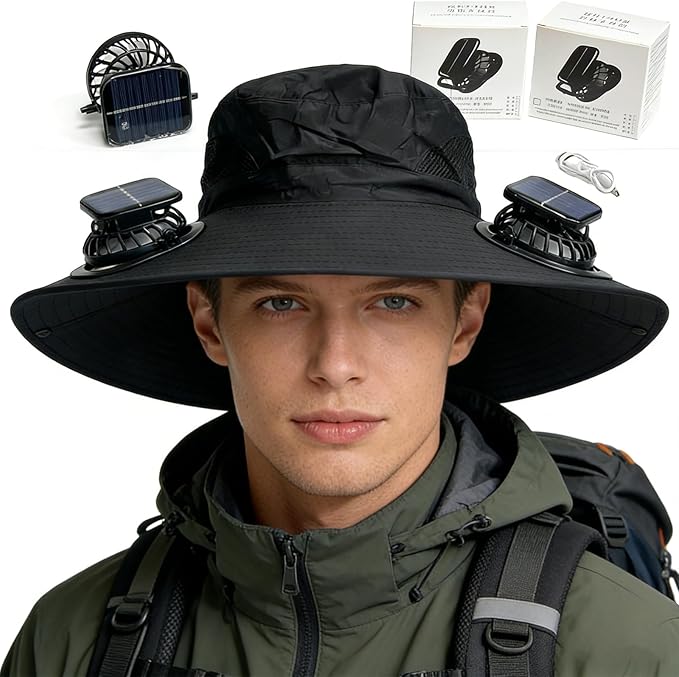 Solar Fan Hat, Hat with Fans Solar Power,Solar Powered Fan Hat for Outdoor Fishing, Hiking Gardening, USB Solar Charging Includes 2 Solar Fans(Black-XL)
