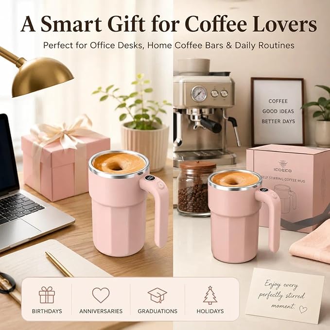 Self Stirring Coffee Mug, 12oz Rechargeable Magnetic Mixing Cup with Temperature Display, 316 Stainless Steel Electric Stirring Cup with Lid & Handle for Coffee, Cocoa, Matcha, Creamer, Mushroom Coffe