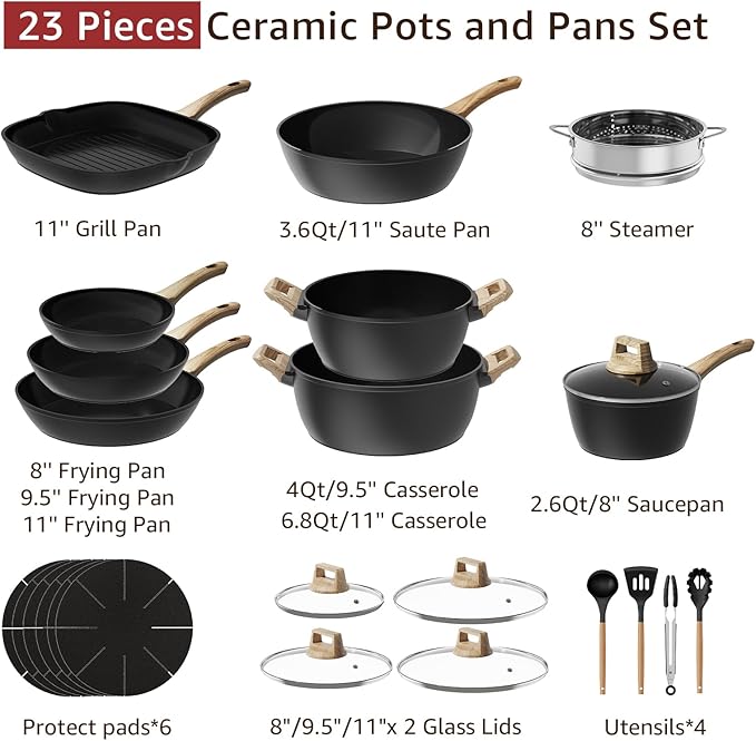 Bazova 23-Piece Pots and Pans Set Non Stick,Titanium Ceramic Cookware Set Non Toxic,Long-Lasting,PFAS Free,Induction Compatible,Complete Kitchen Set with 3 Frying Pans for All Cooking needs