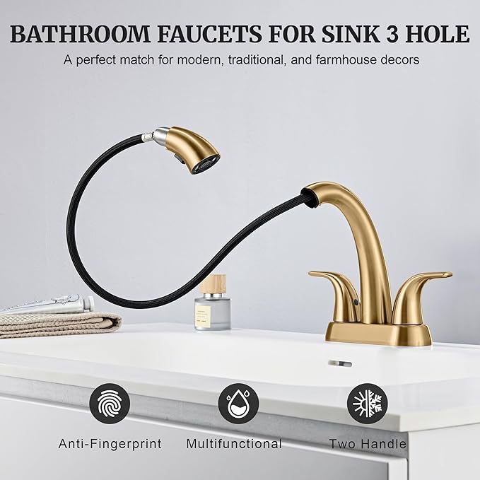 Ultimate Unicorn Bathroom Sink Faucet Champagne Bronze - 4 Inch Centerset Pull Down Vanity Faucets 3 Hole with Pop Up Drain - Two Handle Modern Washbasin Tap Set with Pull Out Sprayer for Rv Lavatory