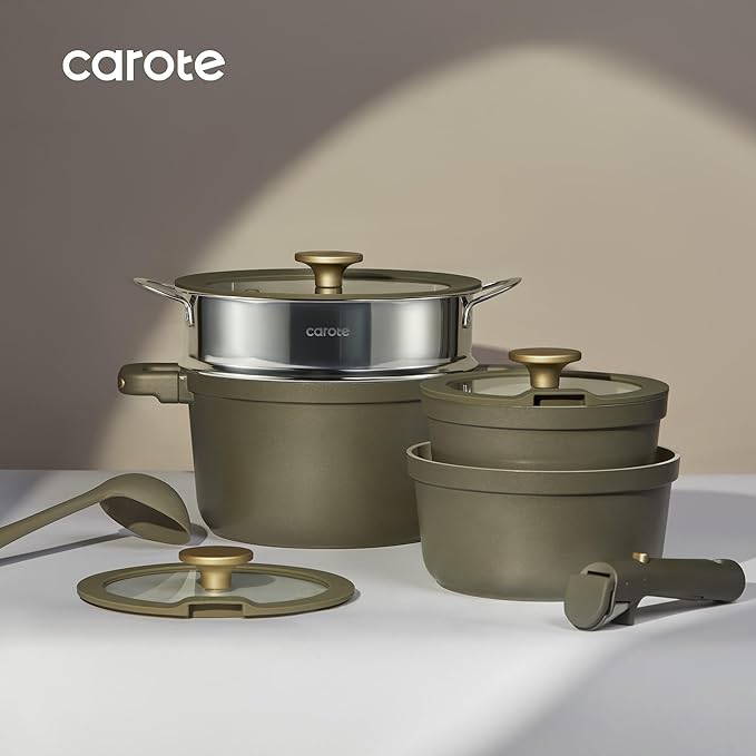 CAROTE Ceramic Saucepan Set 5.5QT/3QT/2QT,Nonstick Cooking Pots Set with Detachable Handles,Non-toxic Stock Pots with Lid,Induction Comptable,PFAS and PFOA Free,Olive Green
