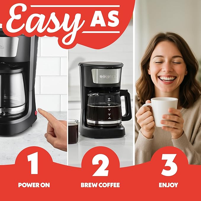 Gourmia 12 Cup One-Touch Coffee Maker – Pause and Serve with Automatic Keep Warm, Easy View Water Window, Compact Design, Stainless Steel Accents, Black