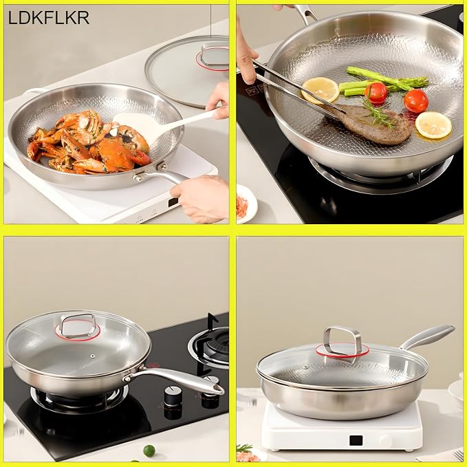 Titanium Hammered Pan with Lid, Titanium Frying Pa, No Coating Non-Stick Steak and Egg Pan Scratch-Resistant Titaniums Cookware for Cooking Compatible with All Cooktops,11.8 2.5 in