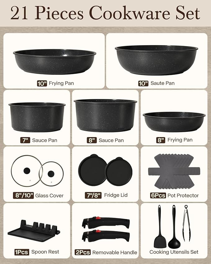 USELUCK 21Pcs Ceramic Pots and Pans Set Non Stick, Kitchen Cookware Set with Detachable Handles, Non Toxic Healthy Cooking Set, Induction Dishwasher Oven Safe, PTFE PFOA PFOS Free, Black
