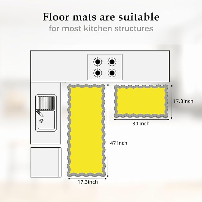 Arenarug Scalloped Yellow Gray Kitchen Mats Rugs Sets of 2 Cushioned Anti Fatigue Floor Mat Waterproof Kitchen Rugs Non Slip Foam Comfort Standing Mat for Sink Laundry