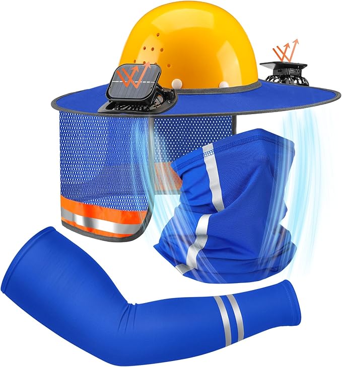 1 Set Sun Hard Hat Shade Full Brim Hard Hat Sun Visor with 2 Solar Fans and Neck Sunshade Cover UV Reflective Strap Arm Sleeves for Construction Workers Outdoor Protection(Blue)